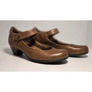 Rockport Women Shoes Brown Leather Kitten Heel Mary Jane Tooled Detail Sz 7